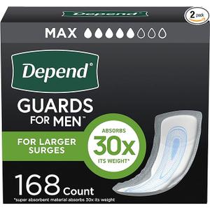 Depend Guards Incontinence Pads for Men, Maximum Absorbency, 168 Count (2 Packs of 84), Packaging May Vary