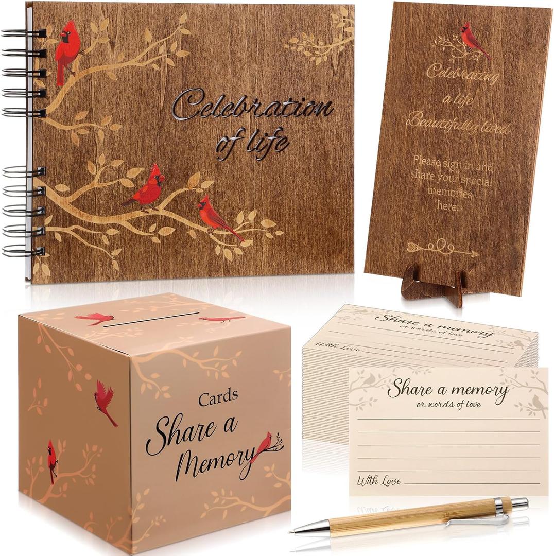 Engrowtic 64 Pcs Funeral Guest Book Set Celebration of Life for Memorial Service in Loving Memory 60 Share a Memory Card Card Box Table Sign and Pen for Memorial Service(Wood,Cardinal)