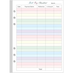 Payment Checklist Refills - 50 Sheets/100 Pages Colorful Monthly Budget Forms for A5 Binder, 6 Hole Punched, 100 gsm White Paper, 5.8" x 8.3"