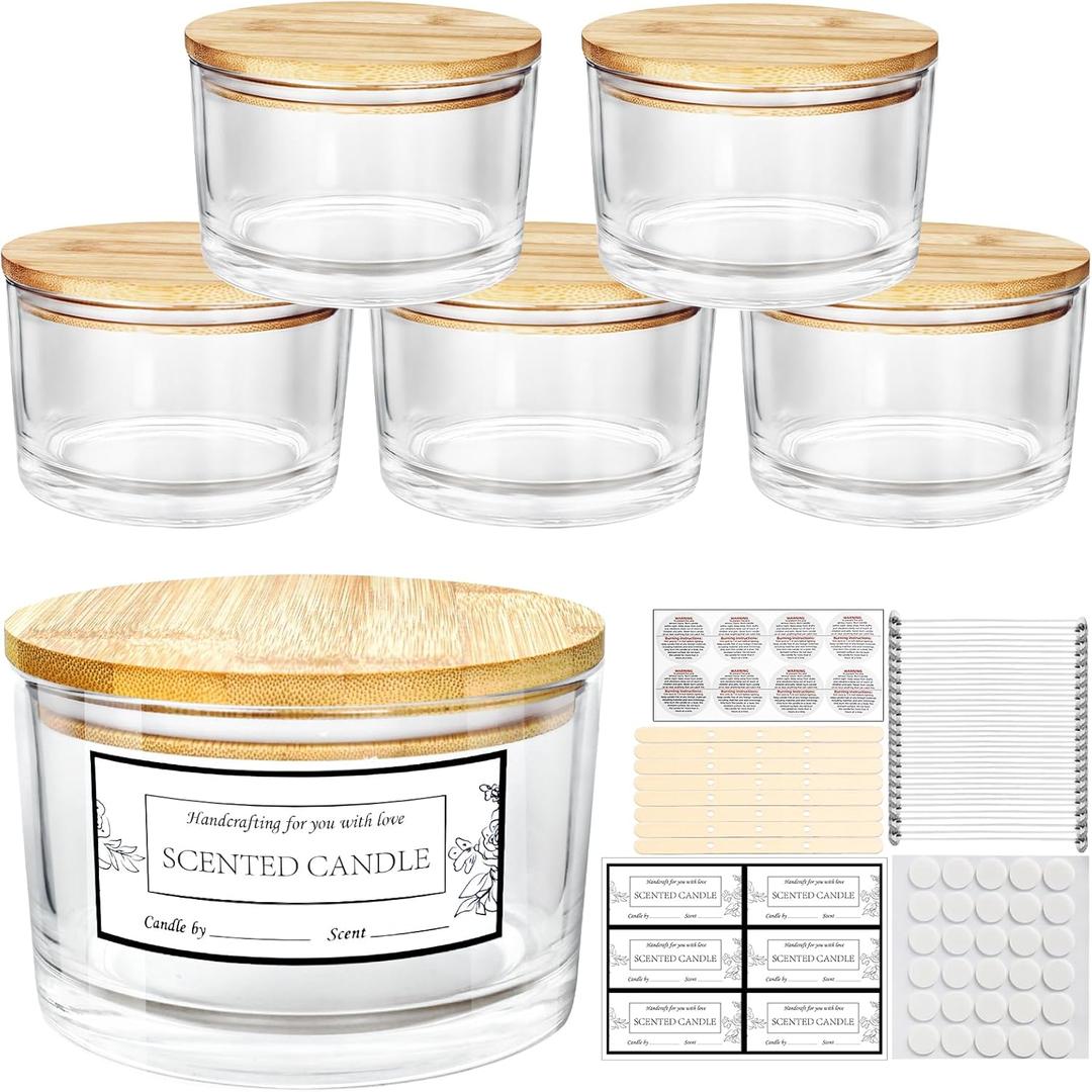 CONNOO 24oz Clear Glass Candle Jars 6 Pack, Multi-Wick Wide Mouth Empty Bulk Candle Containers for Making Candles with Airtight Bamboo Lids, Sticky Warning Labels, Wick kit- Dishwasher Safe