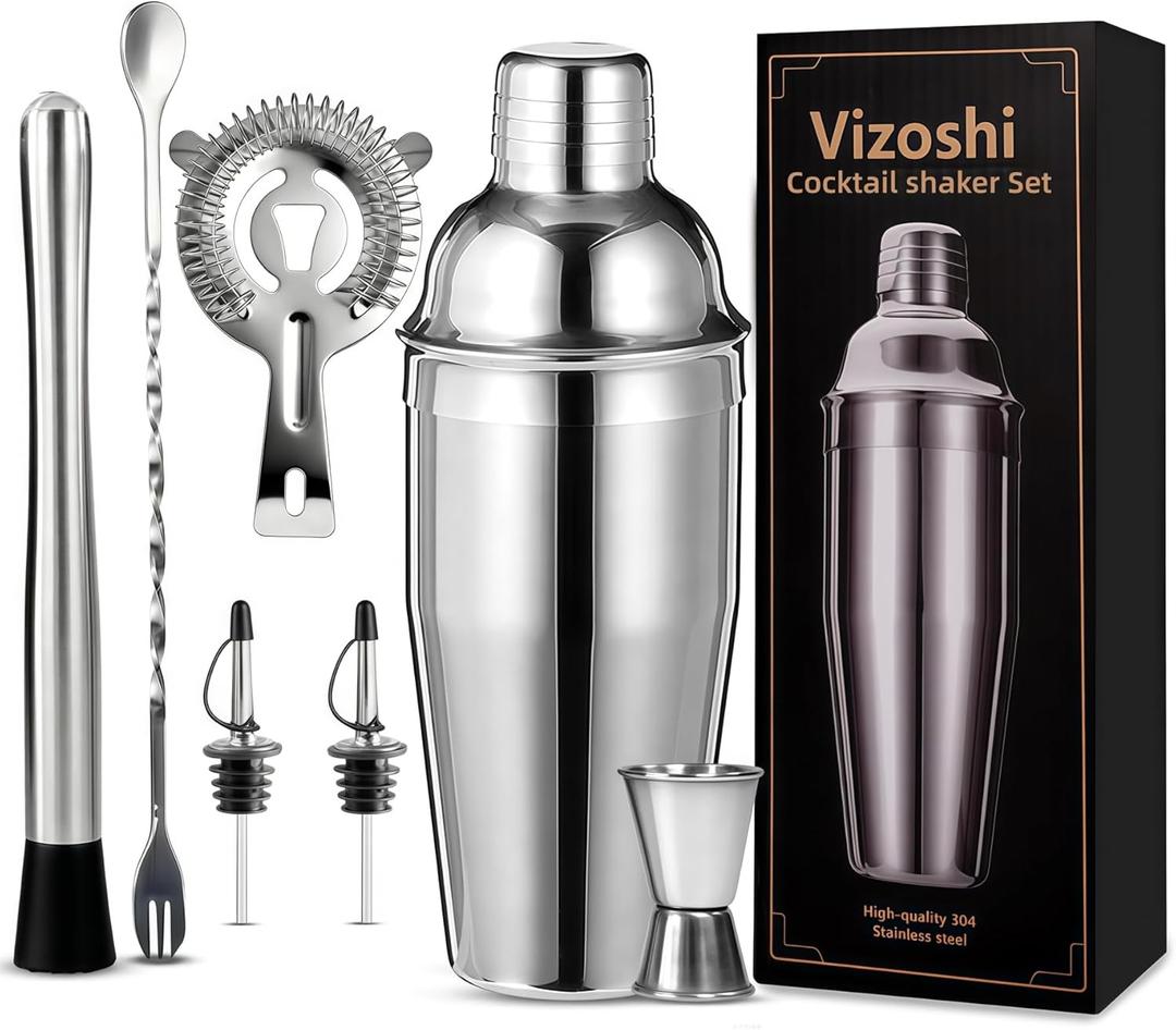 Cocktail Shaker Set Bartender Kit,Professional Bar Set, Martini Shaker, Jigger, Strainer, Mixer Spoon, Muddler, Liquor Pourers Ideal Bar Accessories for Home, Gift for Christmas, Birthday, Beginners