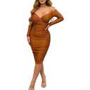 Women's Sexy Deep V Neck Off Shoulder Ruched Bodycon Long Sleeve Midi Dress Evening Party Cocktail Dress
 S