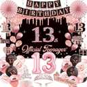 13th Birthday Decorations for Girls, Official Teenager Party Supplies, Black Rose Gold Banner Backdrop Numbers Foil Balloon Crown Sash Hanging Swirls Paper Fans for 13 Birthday Girl Decorations