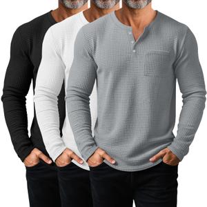 3 Pack Men's Waffle Henley Long Sleeve Thermal Shirts, Lightweight Casual Undershirts Pullover Tops with Pockets (Large, Black, White, Gray)