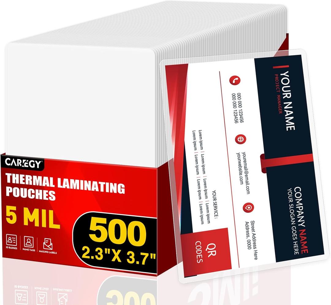 CAREGY 500 Count Thermal Laminating Pouches,5Mil,Hold 2 x 3.5 inch Business Card Laminate Pouches for Laminator, Clear Lamination Paper Protection 2.3 x 3.7 inch, Round Corner, Home & Office