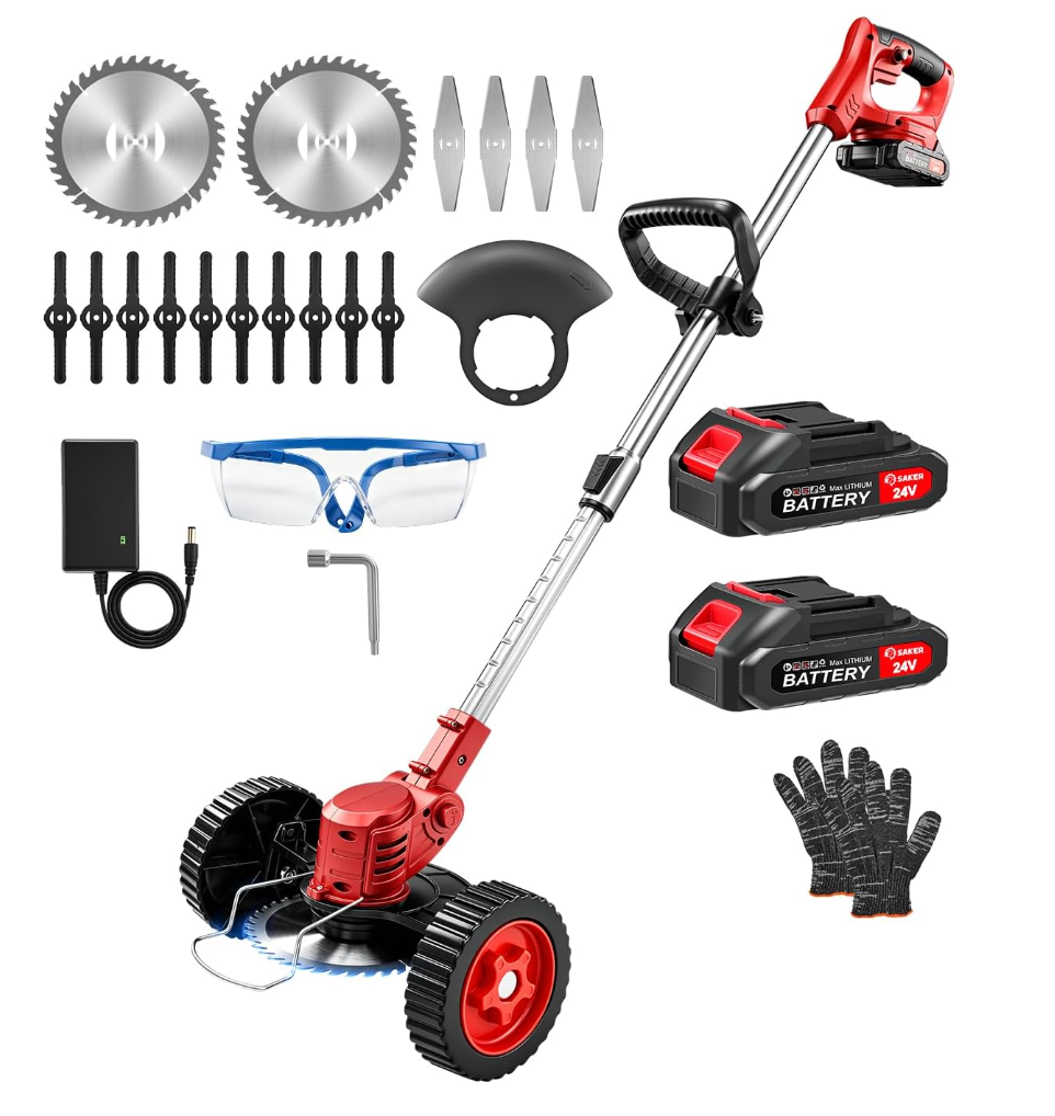 Saker 24V Cordless Weed Wacker, Electric Grass Trimmer Weed Eater with 2 Batteries, 3-in-1 Lightweight Brush Cutter/Lawn Mower/Edger with Wheels & 3 Types of Blades for Lawn, Garden & Yard Care(Red)