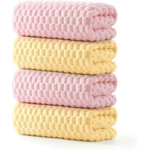 REDKISS Microfiber Bath Towels Set of 4-27x55 Inch Large Waffle Bath Towels for Body, Highly Absorbent, Super Soft, Lint Free Fluffy Shower Towel for Bathroom,Gym, Lightweight Towel Set Pink,Yellow