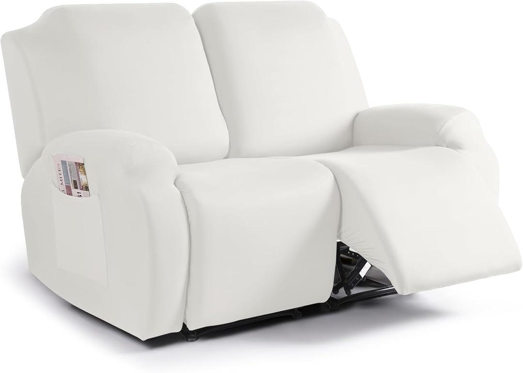 TAOCOCO Recliner Loveseat Slipcover, 2 Pieces Polyester Fabric Stretch Sofa Covers for 2 Seat Reclining Couch, Soft Washable Furniture Protector with Pockets (2 Seat, Milk White)