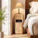 Narrow Nightstand with 4 Drawers, 7.9"*26.9“ Solid Wood Narrow Bedside Table Natural with Open Shelf & Cable Hole, Modern Night Stand Slim Bedside Table for Bedroom