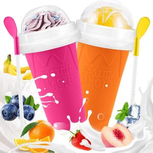 FANS-ONE Slushie Cup, 2 Pack Frozen Magic Slushy Cup, Reusable Slushie Maker Cup for Juice Yogurt Ice Cream Make, DIY Slushy Maker Cups with Lid & Straw Cool Stuff for Boys Girls Teen (Pink+Orange)