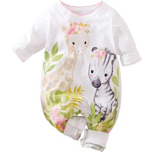 Cute Giraffe + Zebra With Floral Print Long Sleeve Baby Girl Clothes White Jumpsuit For Baby One-Piece Romper (White)