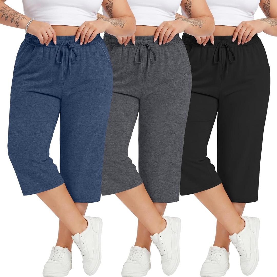 Neer 3 Pack Women's Plus Size Cotton Capris, Stretchy Wide Leg Cropped Pants with Pockets Loose Lounge Pajama Sweatpants, size : XXL