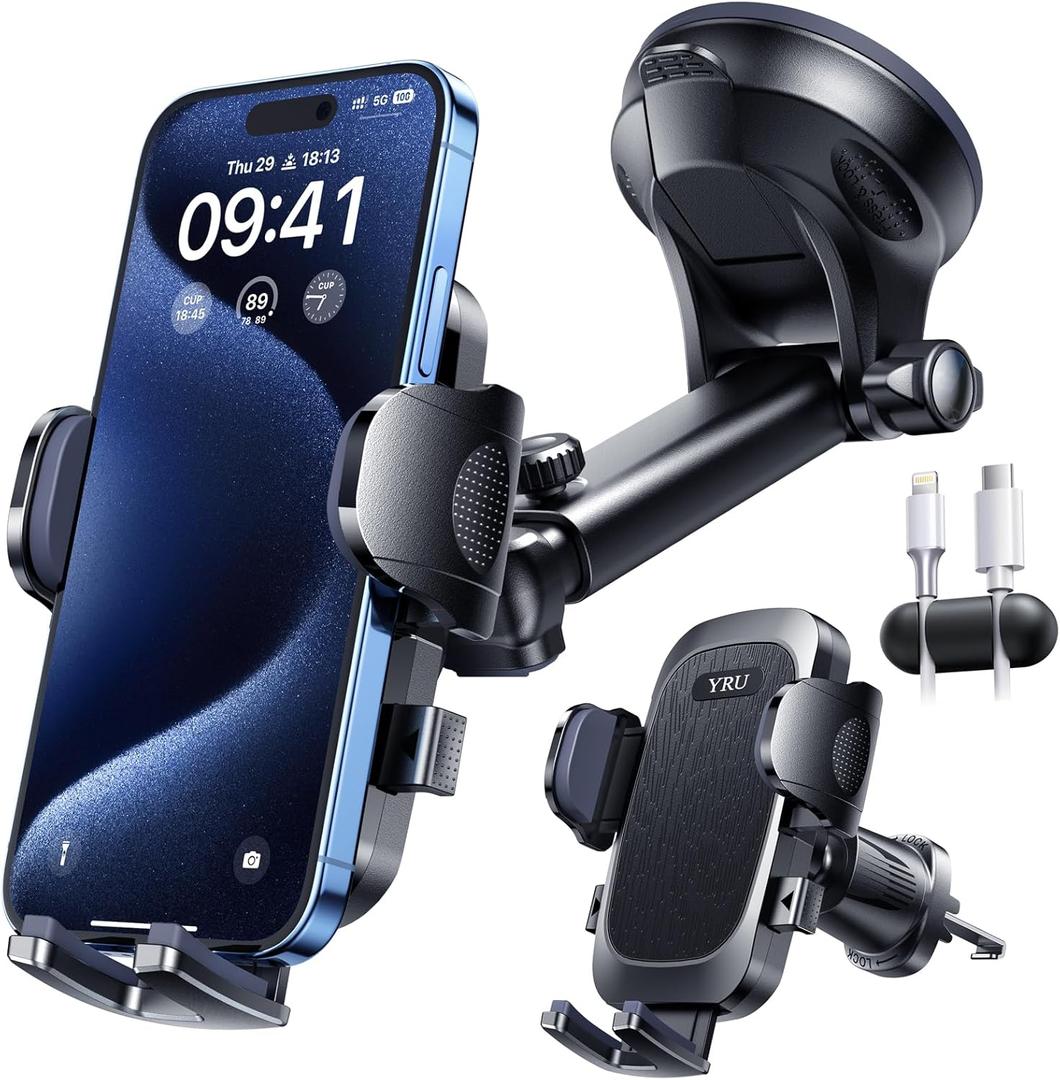YRU True Military-Grade [360 Rotation Suction] 2026 Ultimate Car Phone Holder Mount 90+LBS Safest Strongest & Patent Certs Dashboard Windshield Vent for iPhone 17 16 Pro Max Samsung, Jet Black