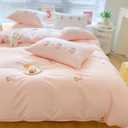 100% Cotton Duvet Cover 3D Embroidery Bedding Sets, Queen, Pink Flowers, Full/Queen