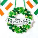 St. Patricks Day Wreath for Front Door, 13Inch Foldable Shamrock Wreath with Word Signs for Irish Holiday Outdoor, Wall Decor (Green, White, and Gold)