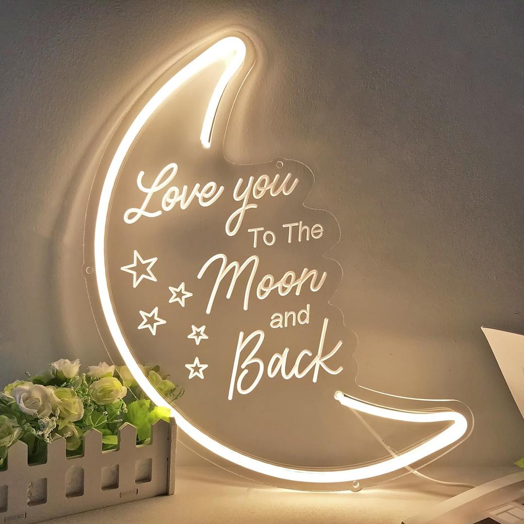 Britrio LED Moon Neon Light Sign, 15.75x10.24 Warm White Love You To the Moon And Back Neon Wall 3D Art for Party Girls Kids Bedroom Living Room,Home Decor Night Light 5V USB Powered with Dimmer Switch