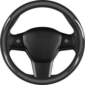 Nappa Leather car Steering Wheel Cover,Carbon Fiber Sports car Interior Non-Slip Ultrathin 15 inches Universal (Black)