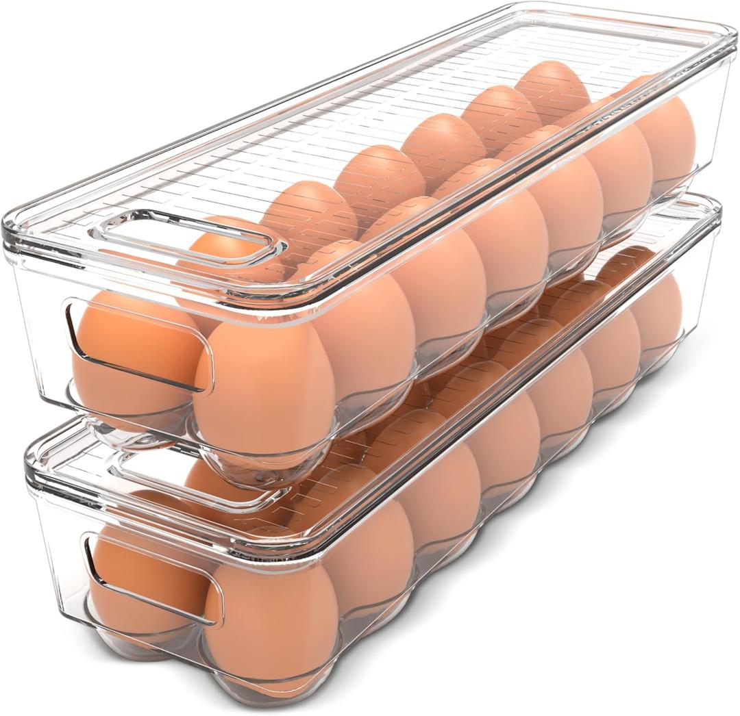 Utopia Home Egg Container With Lid and Handle for Refrigerator - Pack of 2 - Clear Stackable Egg Holder for Kitchen Storage and organization (Pack of 2, Clear)