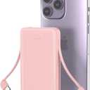 Smallest Portable Charger with Built-in Cables 5000mAh,Ultra Slim Power Bank,Mini High Speed External Battery Packs,Lightweight USB C Phone Charger for iPhone Samsung Google Android (Pink)