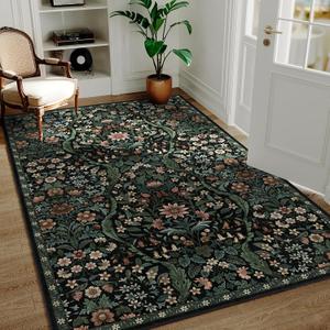 4x6 Black Floral Boho Area Rug,Low-Pile Stain Resistant Non-Slip Machine Washable Carpet for Living Room,Bedroom, Kitchen,Entryway,Dining Room, Nursery