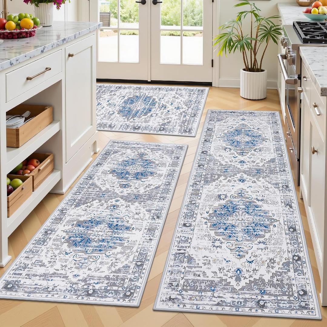 Ileading Boho Kitchen Rugs Set of 3 Washable Kitchen Mats for Floor Non Skid Farmhouse Floor Carpet for Kitchen Hallway Laundry Room,Grey/Blue,20"x32"+20"x48"+20"x59"