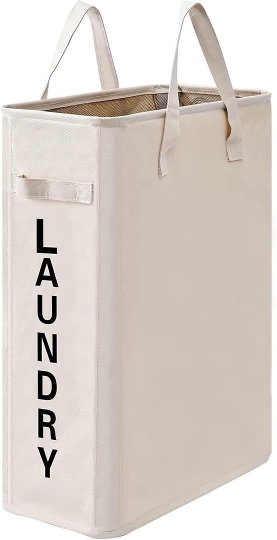 45L Slim Laundry Hamper,Standable Collapsible Slim Laundry Basket,Tall Laundry Hamper Narrow Clothes Hamper for Small Space Beige (Slim 22", Beige/S)