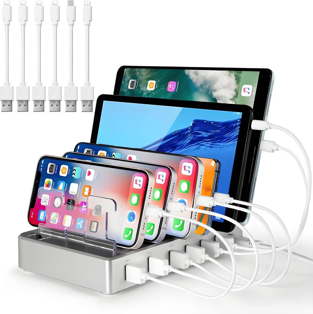 Charging Station for Multiple Devices, 6 Ports USB Multi Devices Charger Fast Cell Phone Charging Station for iPhone iPad Tablets (Silver, 6 Mixed Cables Included)