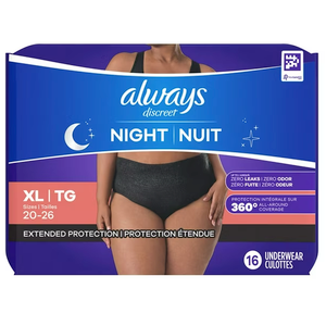 Always Discreet Adult Incontinence Overnight Underwear for Women, Extra Large, Up to 100% Bladder Leak Protection, 16 Count