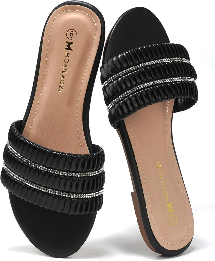 MOAILAOZI Women's Flat Sandals Pleated Leather & Rhinestone Strappy Slides With Soft Memory Foam Insole, Beach Leather Slippers for Summer Vacation (8, Black)