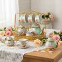 22 Pcs Vintage Porcelain Tea Sets for 6, Green Peony Floral
