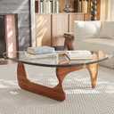 Glass Triangle Coffee Table with Tempered Top & Wood Legs, Modern Mid Century for Living Room, Rustic Brown Walnut Center