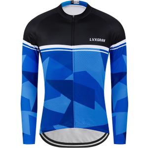 Men's Cycling Jersey Winter Thermal Fleece Long Sleeve Bike Shirts Windproof Cycling Jacket with 3 Pockets (Blue, XXL)
