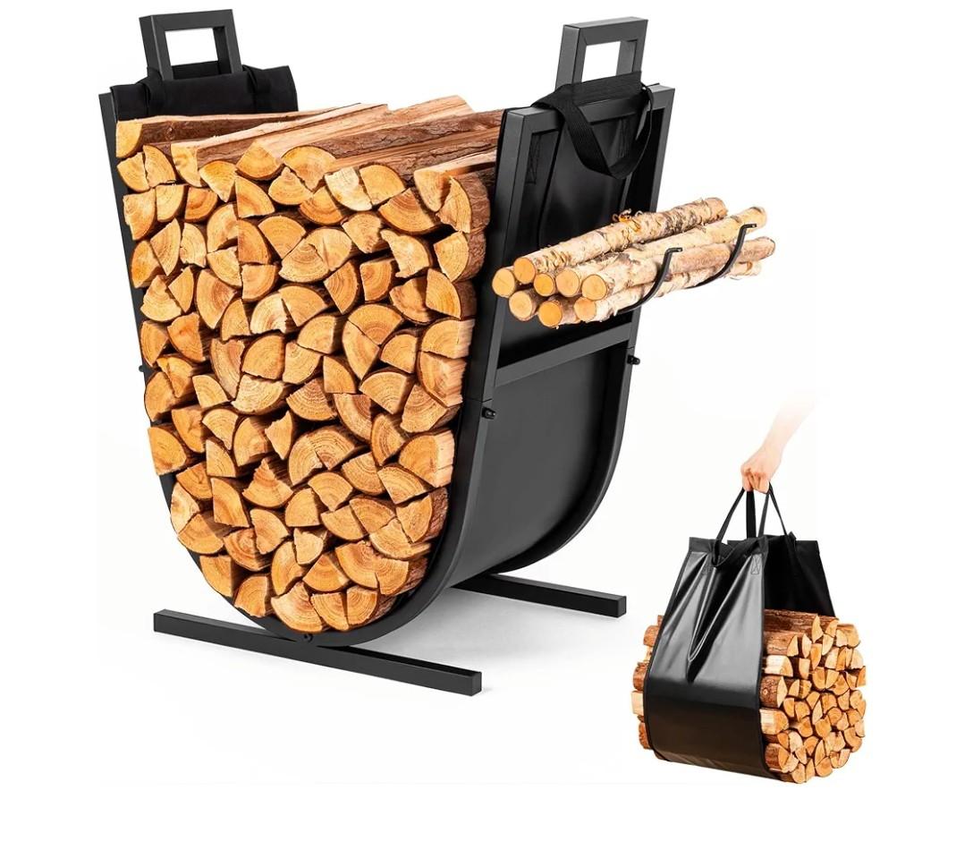 Firewood Rack Outdoor and Indoor - 27 inch(H) x 20.5 inch(W) Rustproof Heavy Duty Firewood Storage with Kindling Hooks & Canvas Carrier, Sturdy Fireplace Log Holder Fireplace Decor Organizer