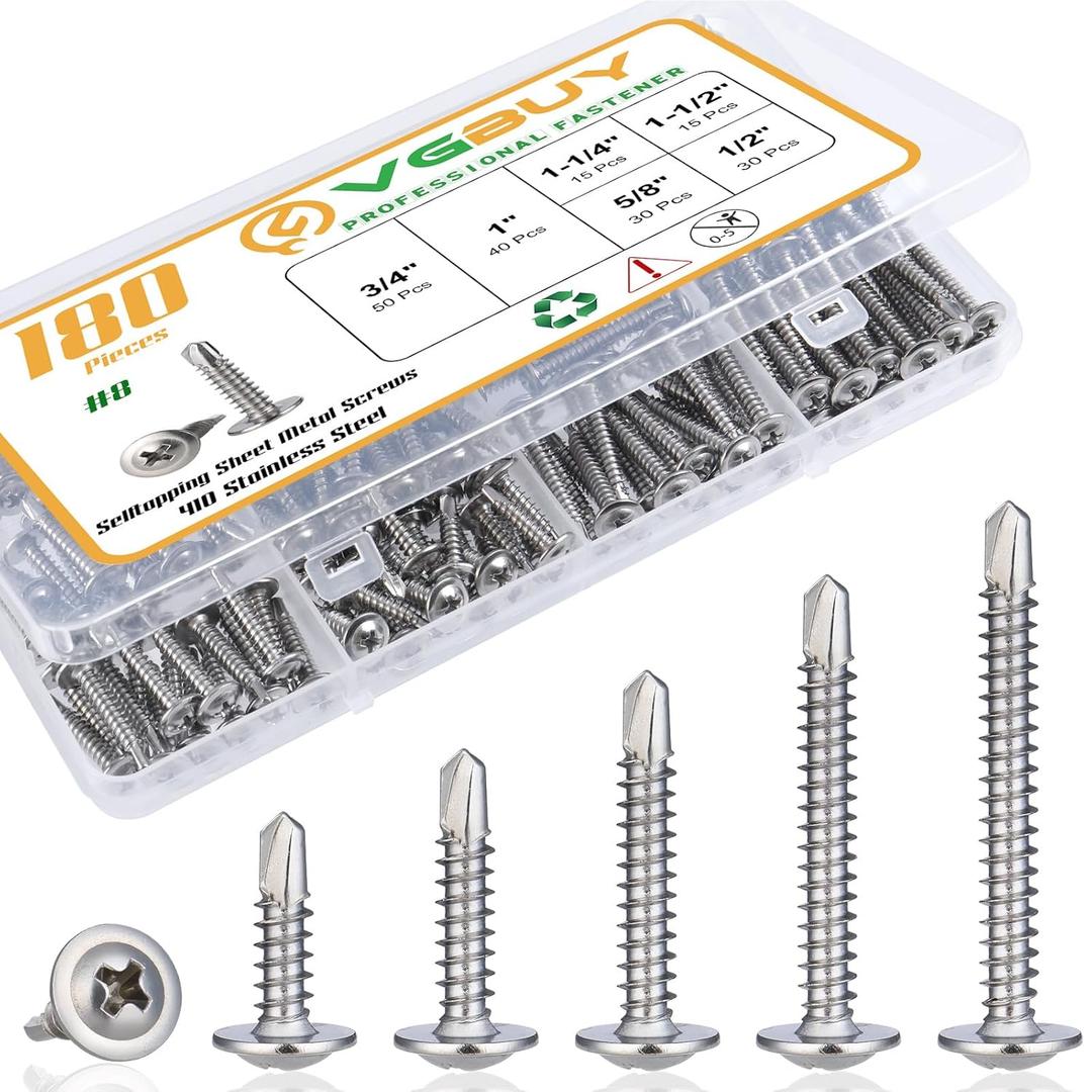 VGBUY 180Pcs #8 Self Tapping Screws Assortment Kit, 410 Stainless Steel Self Drilling Screws for Metal, 6 Sizes (1/2", 5/8", 3/4", 1", 1-1/4", 1-1/2") Modified Truss Head Sheet Metal Screw (Silver)