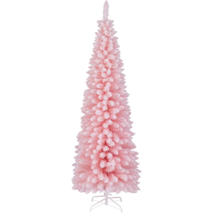 DORTALA 6 FT Pencil Christmas Tree Pink, Unlit Artificial Slim Xmas Full Tree with 460 Branch Tips, Folding Metal Stand, Flocked Skinny Decor Tree for Home Office Party