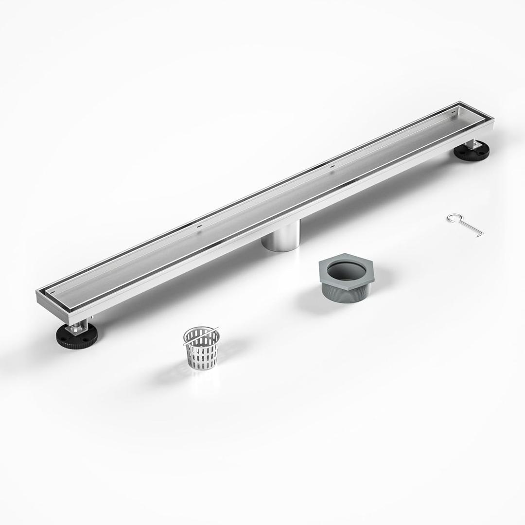 Linear Shower Drain 28" Brushed 304 Stainless Steel | Fast Drainage | Tile Inserted | Stainless Floor Drain Grate | Hair Strainer | Drain Key | The Upgrade for Your Bathroom
