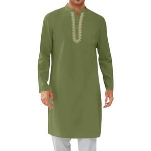 Yousify Mens Kaftan Thobe Casual Henley Shirts Button up Long Sleeve Robe Muslim Gown Shirt Army Green, Large
