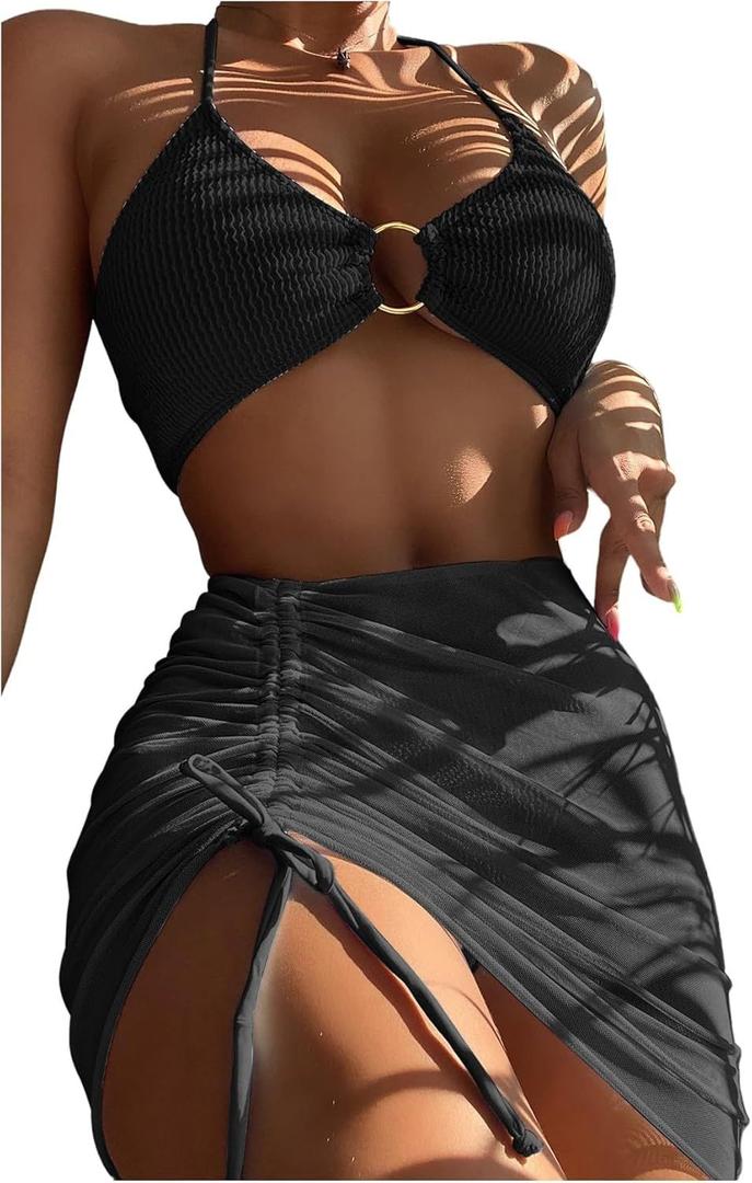 MakeMeChic Women's 3 Piece Bathing Suits Halter Ring Bikini Set with Cover Up Skirt Light Black M