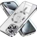 Misea Magnetic for iPhone 15 Pro Max Case with MagSafe [Never Yellowing] [Military Grade Drop Protection] Full Camera Lens Protector Plating Soft Clear Phone Case for Women Girls, Silver