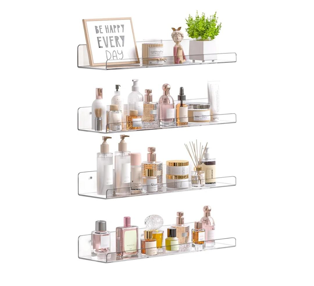 upsimples Acrylic Shelves for Bathroom Storage, 15" Floating Shelves Wall Organizer for Perfume, Make up, Skincare, Kids Bookshelf for Bedroom, Nursery, Living Room Decor, Clear, 4 Pack