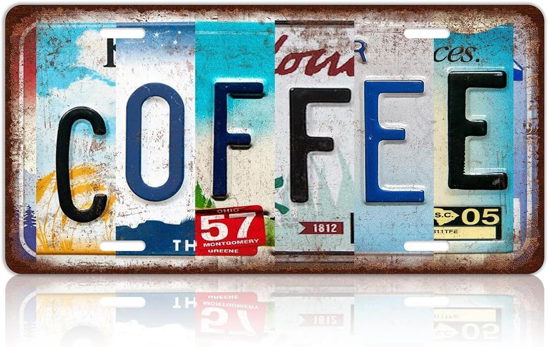 Vintage Coffee Metal Tin Sign License Plate Wall Decor for Coffee Bar 12 x 6 Inches