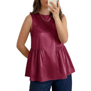 Tankaneo Womens Silk Satin Tank Tops Summer Dressy Casual Babydoll Sleeveless Shirts Peplum Pleated Loose Fit Blouses (Red)