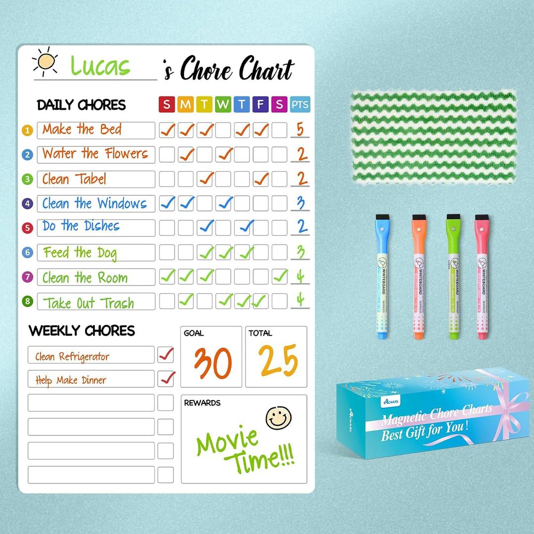 Magnetic Chore Chart for Kids with 4 Markers,1 Pack 8"x12" Chore Chart for Multiple Children, Responsibility Reward Chart for Kid, Dry Erase Chore Chart for Adults/Kids/Teens, White Chore Board