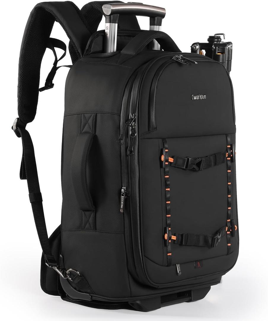 Cwatcun Rolling Camera Backpack Luggage With Trolley Wheel for DSLR Cameras,Lenses,Extra Large for Professional Photographer (Black)