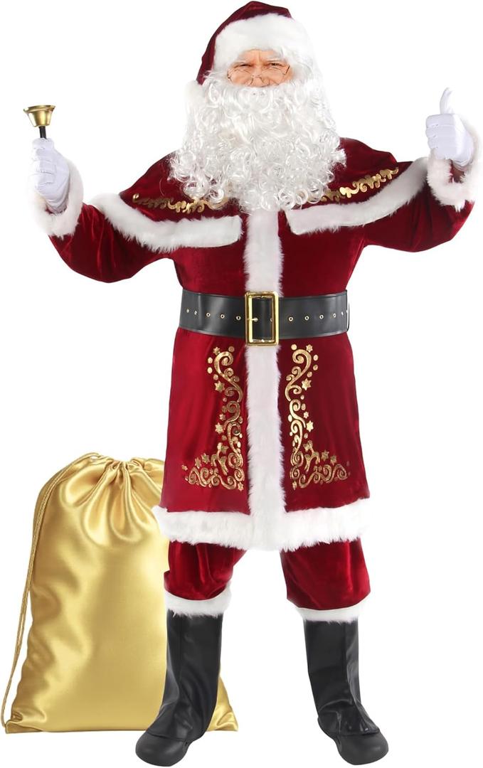 Christmas Santa Clause Costume For Men 12pcs Set Deluxe Velvet Adult Santa Suit XL