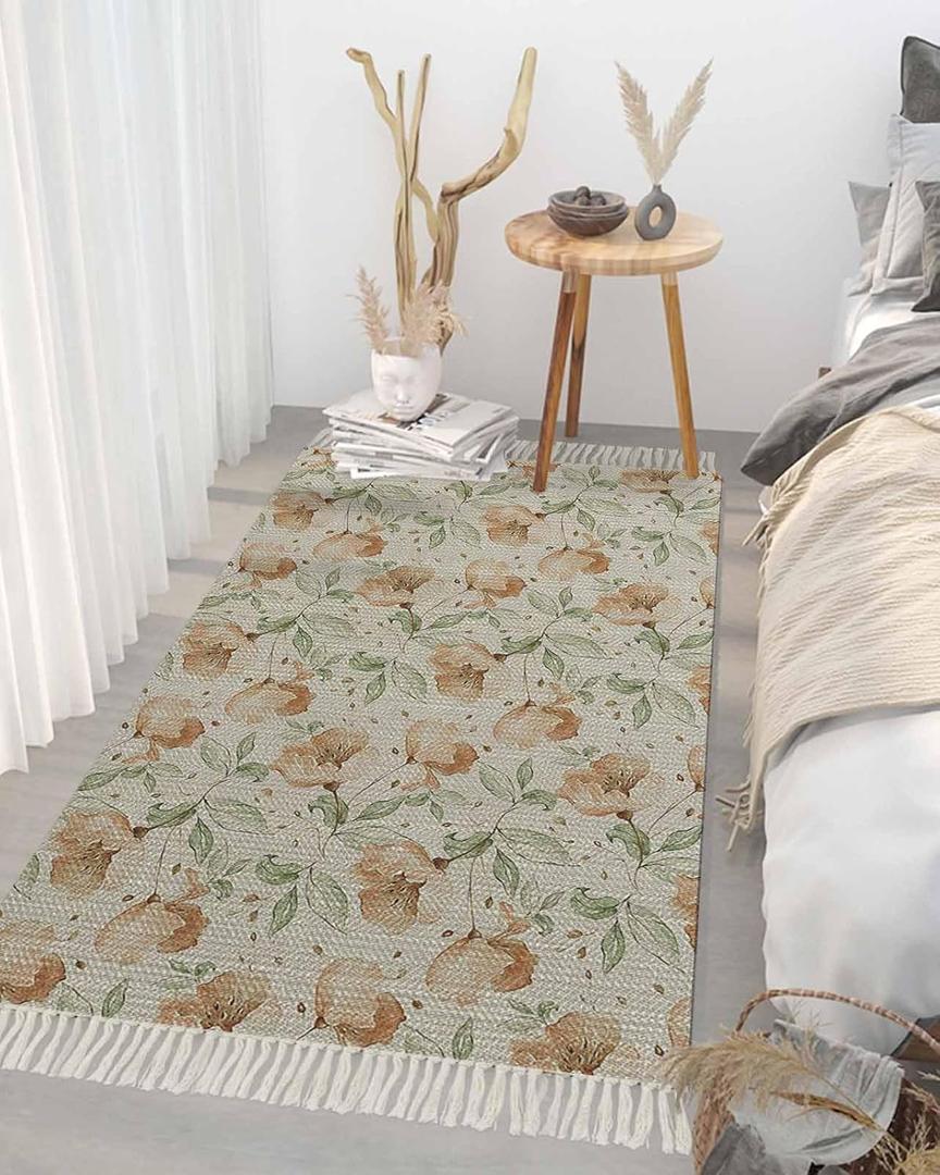 Runner Rug for Hallway 3x5ft, Nostalgic Flower Printed Leaves Washable Runner Rugs with Tassels Woven Floor Carpet Runners for Hallways Kitchen Laundry Entryway (Green)