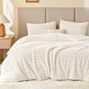EXQ Home Fluffy Comforter Set Queen Size - Super Soft Faux Fur Stripe Jacquard Comforter 3 Pieces, Cream White Fleece Bedding Set, Winter Warm Bed Set,1 Comforter with 2 Pillowcases (07 Beige)