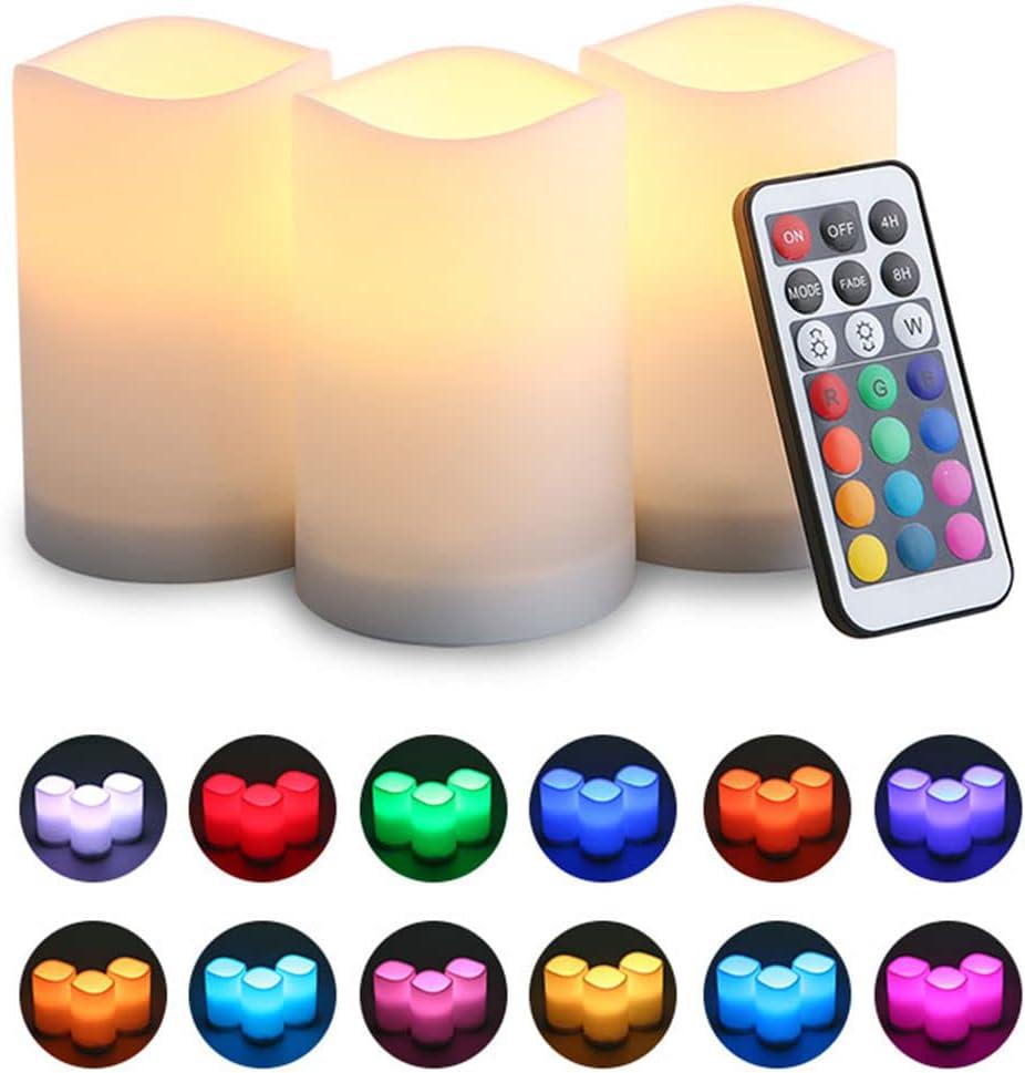 Flameless LED Candles with RGB Lighting ,3A Battery Operated(Battery not Included) 12 Color Remote Control Votive Candles for Home Decor, Parties, Halloween, Christmas,4" Pillar Candles Pack of 3