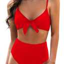 Blooming Jelly Women's High Waisted Bikini Set Tie Knot High Rise Two Piece Swimsuits Bathing Suits (Large, Red)