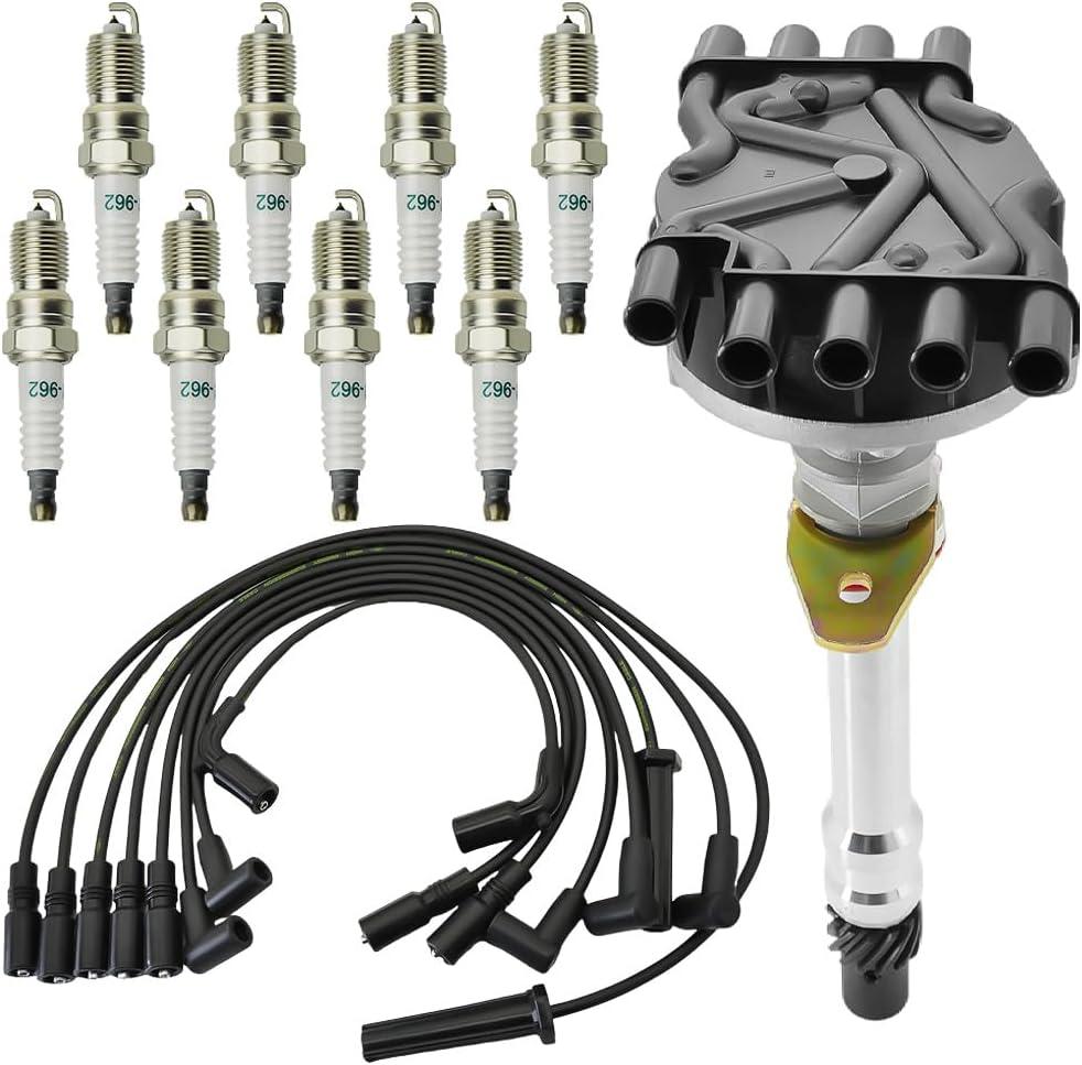 12570425 Ignition Distributor with Platinum Spark Plugs & Wires Set Compatible with GMC Yukon Savana Cadillac Escalade Chevrolet C1500 Tahoe/Isuzu NPR V8 5.7L 5.0 Replace# GM01 93441558 DST1829